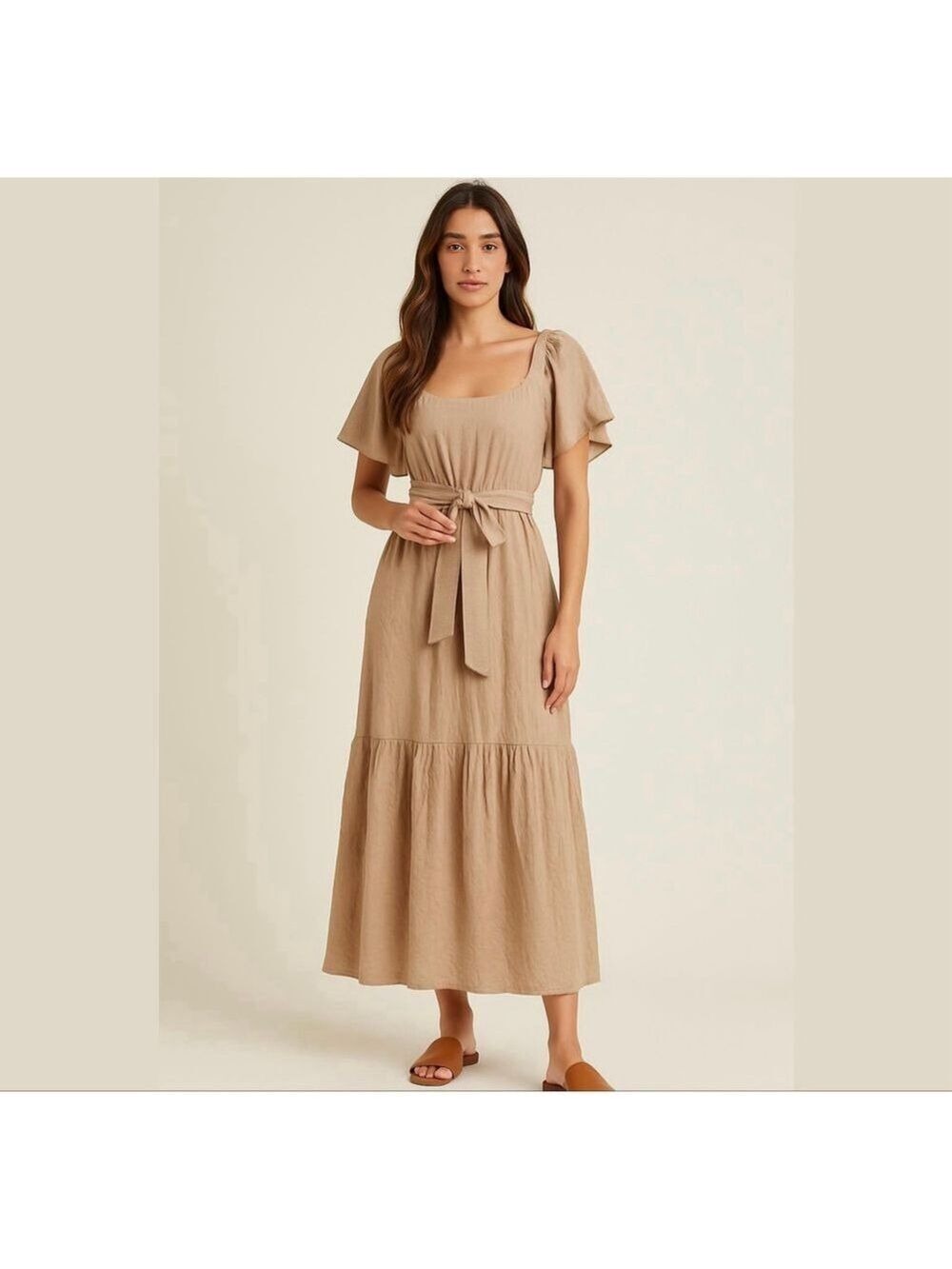 Sim & Sam maxi 100% cotton dress w belt beige Sz M